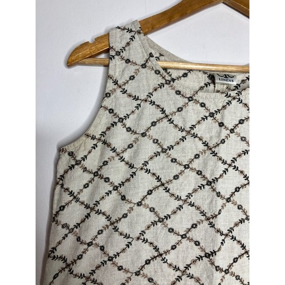 CTC Linens Women's Medium Sleeveless Brown Beige Floral Embroidered Linen Dress - Picture 2 of 9